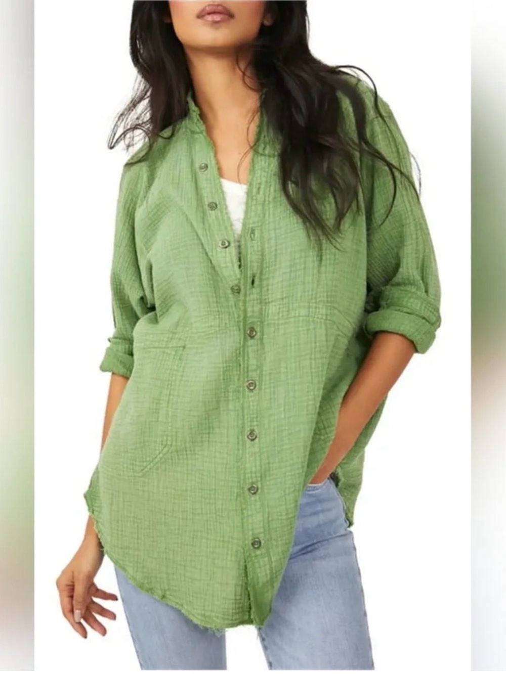 Free People Summer Daydream Oversized Button Down Top XS Cool Moss